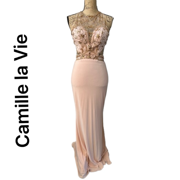 Camille LA VIE Beaded Bodice Gown Blush Pink with Waist & Back Cutouts Size 2 - Picture 1 of 16